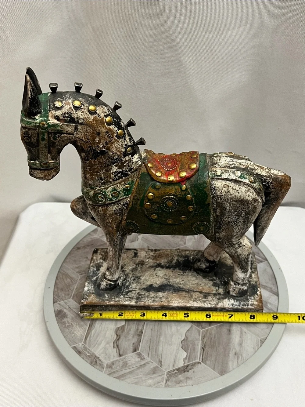 Pier 1 Rustic Distressed Wooden Horse Figurine Statue Green Gold Decor 12”